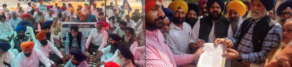 ਫੋਟੋ : ਧਰਨੇ ਦੌਰਾਨ ਸਰਕਾਰ ਖਿਲਾਫ ਨਾਅਰੇਬਾਜ਼ੀ ਕਰਦੇ ਹੋਏ ਸੁਰਜੀਤ ਰੱਖੜਾ, ਜਸਪਾਲ ਬਿੱਟੂ ਚੱਠਾ, ਰਾਜੂ ਖੰਨਾ ਅਤੇ ਹੋਰ ਨੇਤਾ ਅਤੇ ਨਾਲ ਪ੍ਰਸ਼ਾਸ਼ਨਿਕ ਅਧਿਕਾਰੀਆਂ ਨੂੰ ਮੈਮੋਰੰਡਮ ਦਿੰਦੇ ਹੋਏ ਅਕਾਲੀ ਨੇਤਾ।