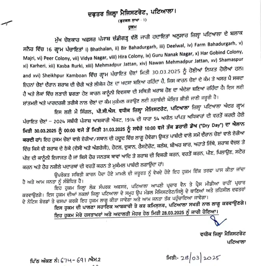 ਜਿ਼ਲਾ ਪਟਿਆਲਾ ਦੇ ਬਲਾਕ ਸਨੌਰ ਵਿਚ 30 ਨੂੰ ਹੋਣਗੀਆਂ 16 ਗ੍ਰਾਮ ਪੰਚਾਇਤਾਂ ਦੀਆਂ ਚੋਣਾਂ